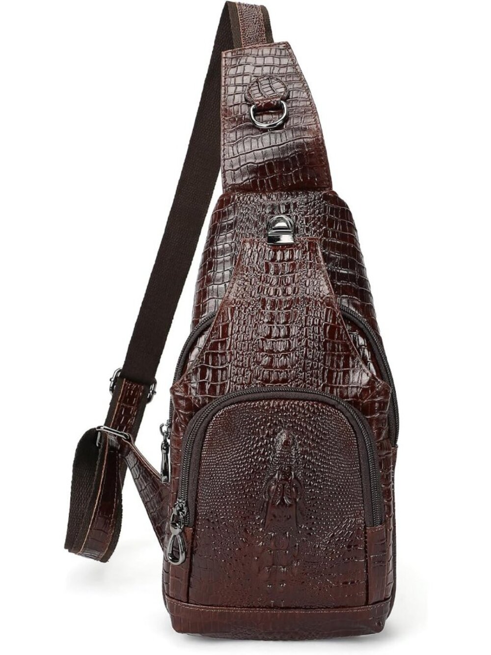 Crocodile Leather Crossbody Sling Bag with 3 Zippers for Travel & Everyday Use